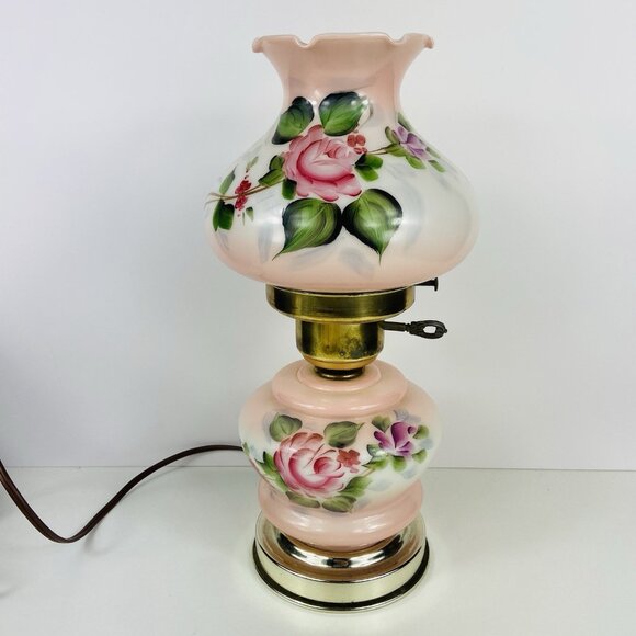 Vintage Hurricane Lamp 12.5” Pink Floral Hand Painted Glass Brass Electric - Picture 1 of 10